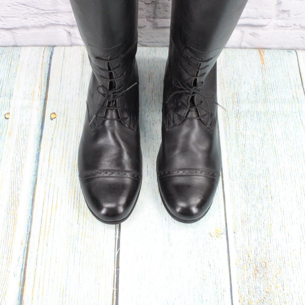 *Unbranded Black Leather Pull On Cap Toe Back Zipper Tall Boots Size 10.5 - Picture 5 of 9